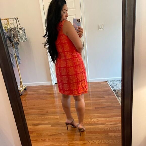 Vintage Rabbit Rabbit Rabbit Sleeveless Orange/Pink Abstract Sheath Dress | 14 - Picture 7 of 17